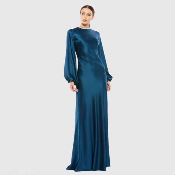 MAC DUGGAL Blue Beaded High Neck Bishop Sleeve Satin Gown in Sapphire 10